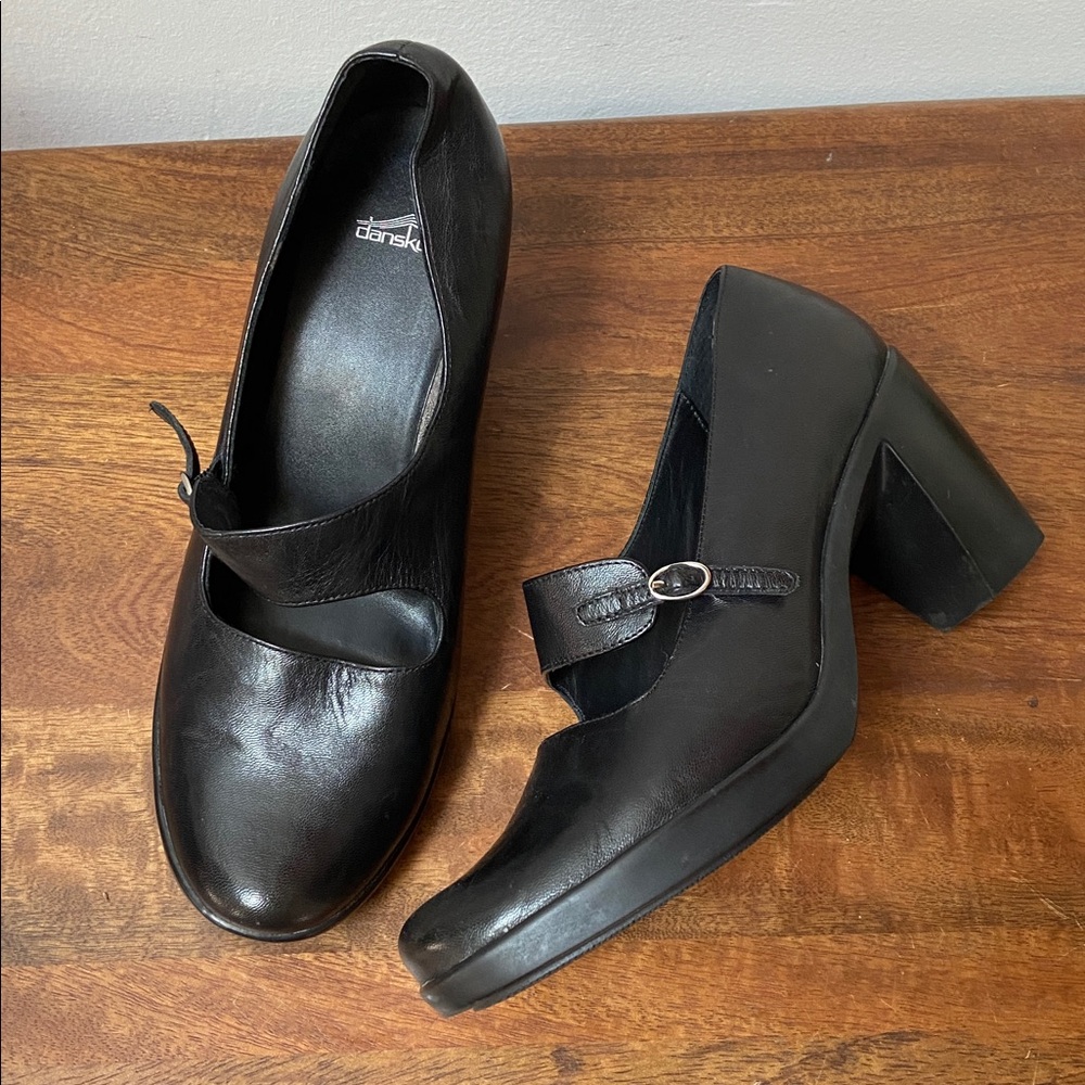 Dansko Black Leather Mary Jane Loafers with Buckle